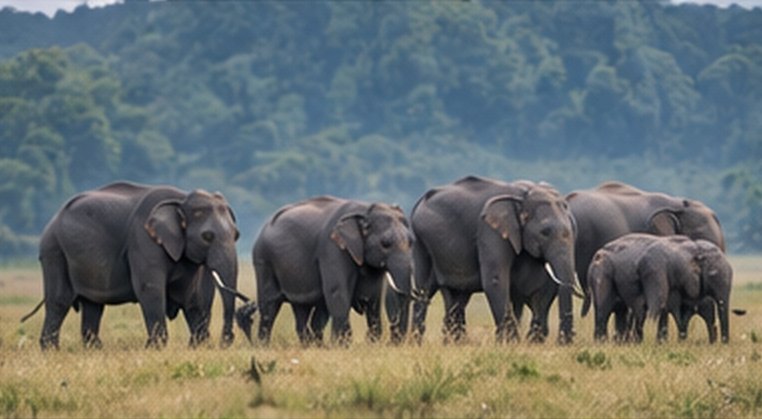 A herd of elephants on open grassland