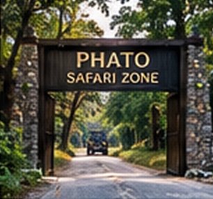 A forest safari gate signed Phato Safari Zone