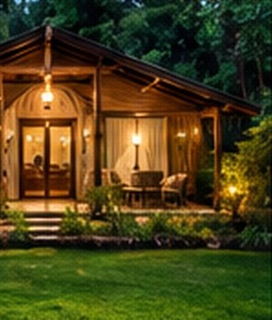 A wooden cottage lit at dusk among trees
