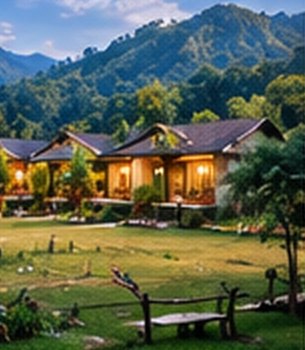 Cottages set among lawns and forested hills