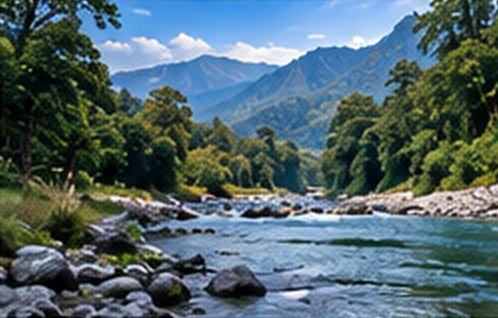 A clear river over stones with forested hills behind
